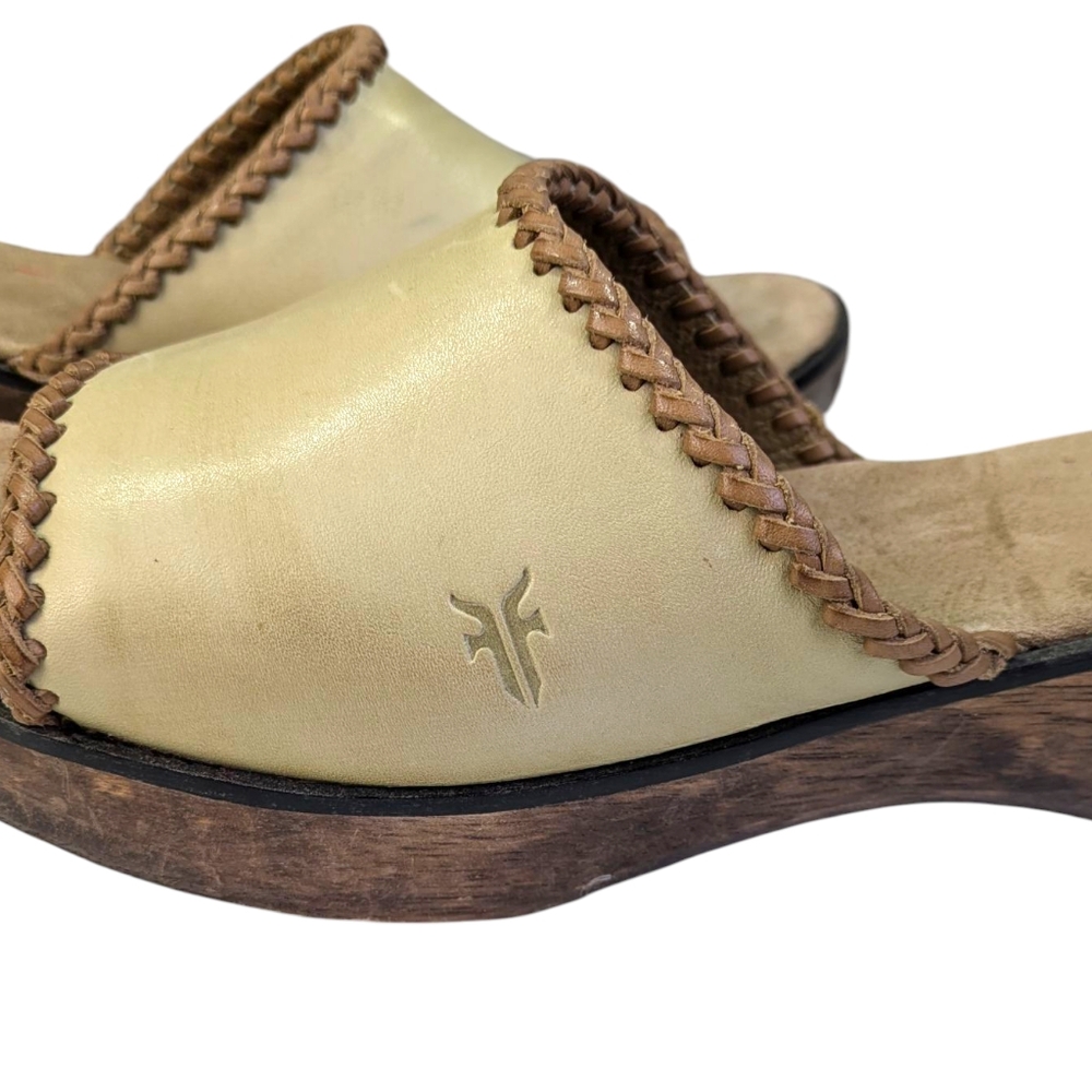 Frye Clog Sandals Women 9.5 Wooden and Leather Tan Brown Embroidered Detailing - Picture 8 of 12